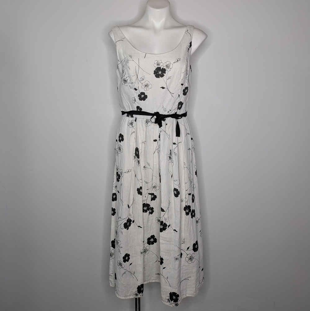 Mario Balthazar White Black Floral Scoop Neck Sleeveless Linen Dress 12